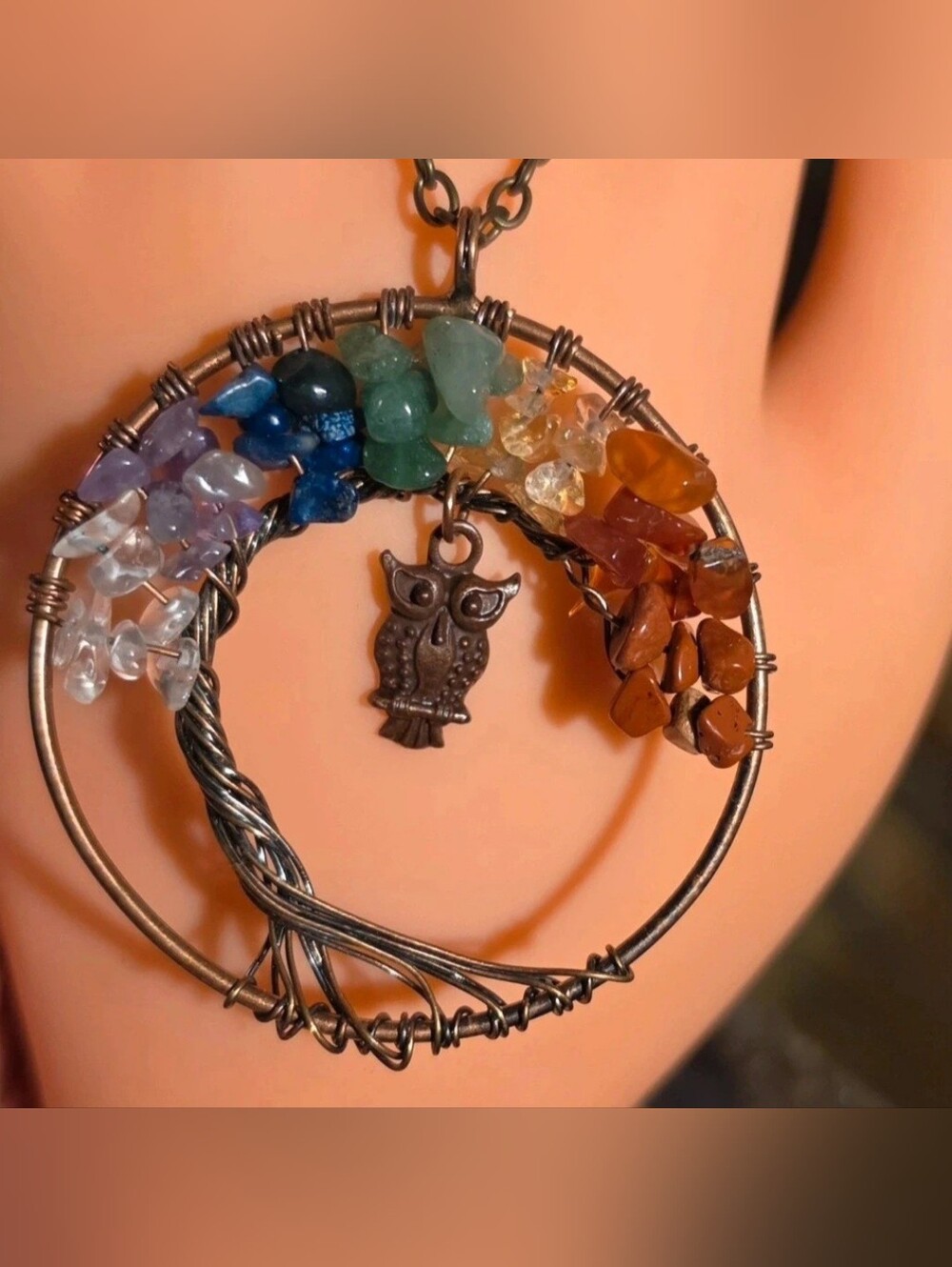 Copper Owl Tree of Life Pendant Necklace in Multicolor